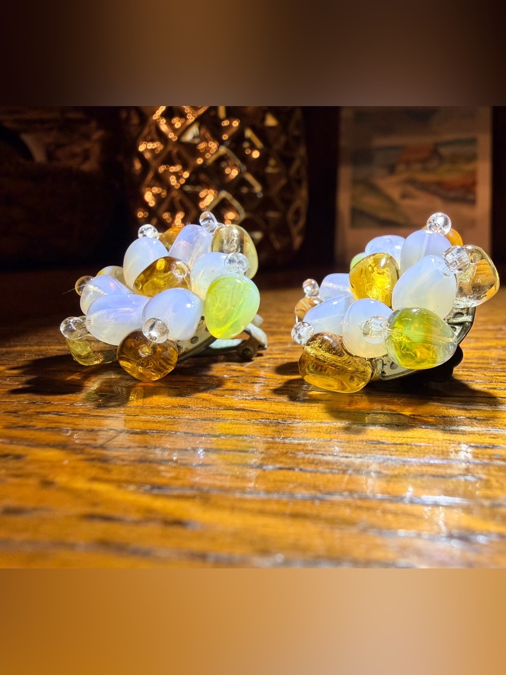 Vtg Western Germany Signed Opalescent Milk Glass & Amber & Green Glass Clip-on’s